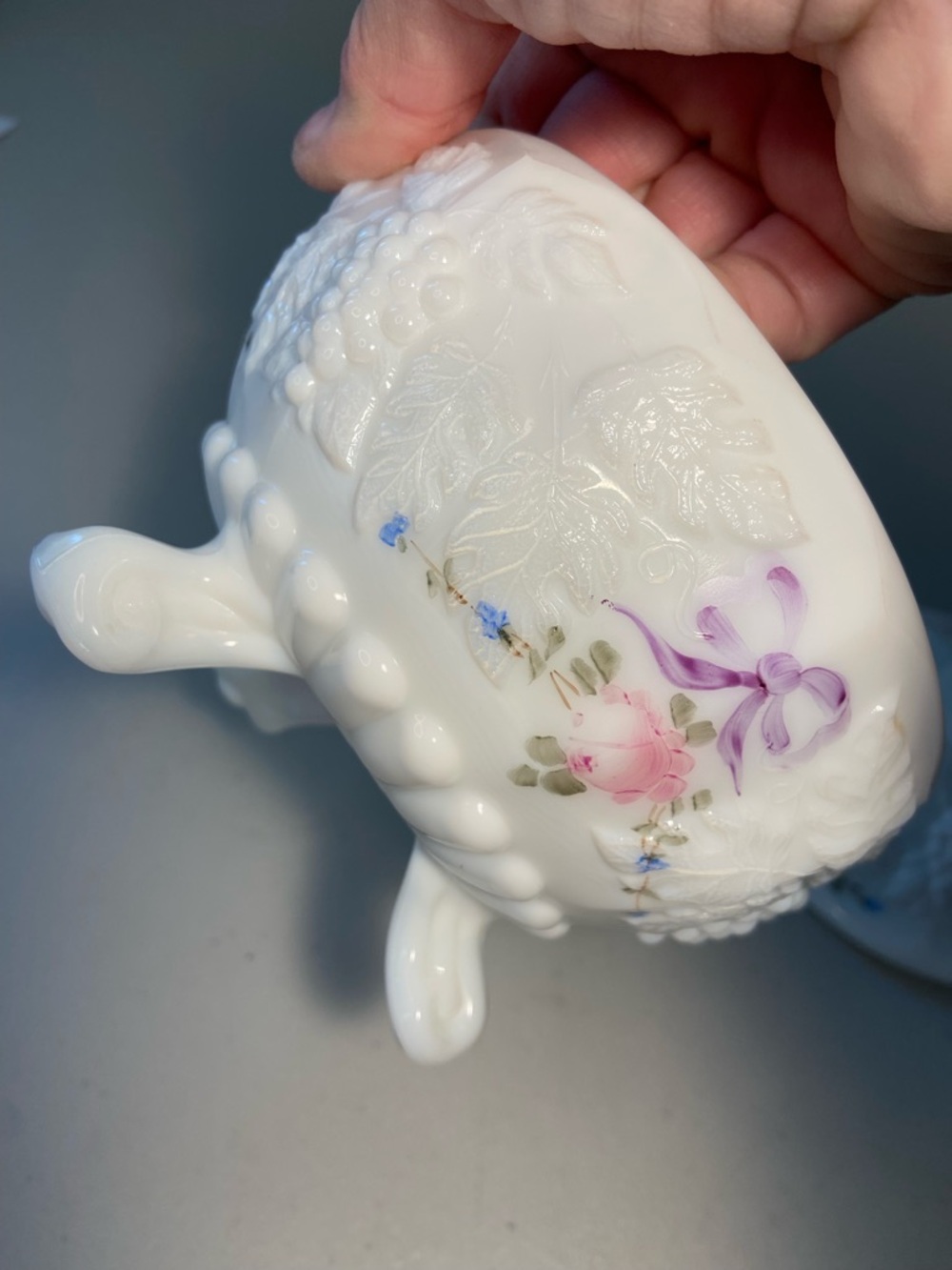 VTG Westmoreland Glass Covered Trinket Dish with Pink Rose and Purple Bow - Picture 10 of 14